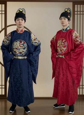 大明朝汉服圆领袍男款明制红色中式婚服大襟四团龙纹补服曳撒春夏