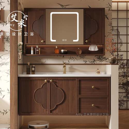 宋氏美学中古风浴室柜卫生间陶瓷一体盆洗手盆机器人定制实木烤漆