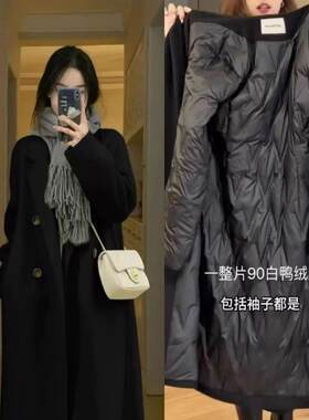 羽绒服内胆毛呢外套女中长款2025冬季新款小个子加厚黑色呢子大衣