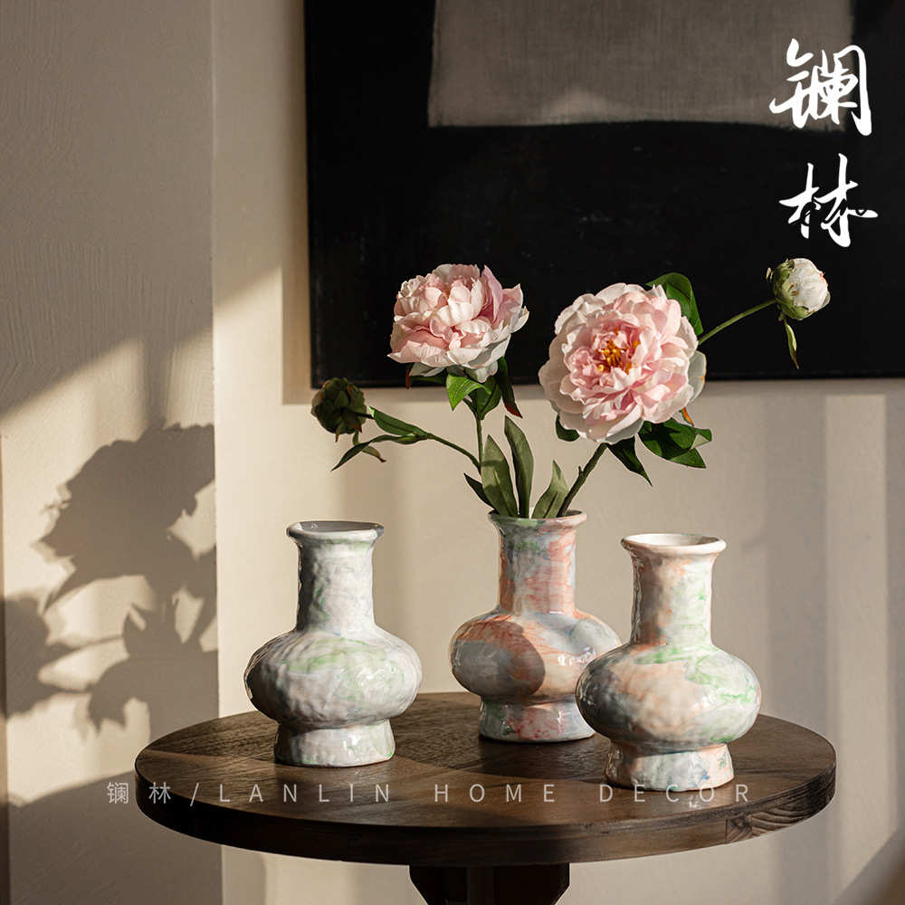 景德镇镧林禅意复古小花瓶新中式侘寂风小清新彩虹陶瓷花器如梦令