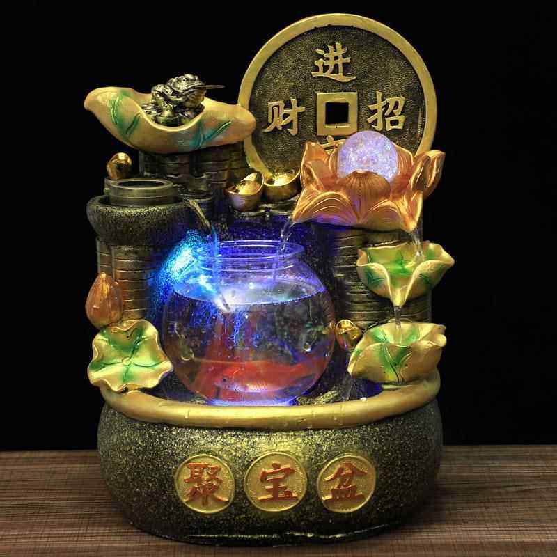 圆型鱼缸聚宝盆葫芦钱币开业流水喷泉摆件鱼缸加湿器家居