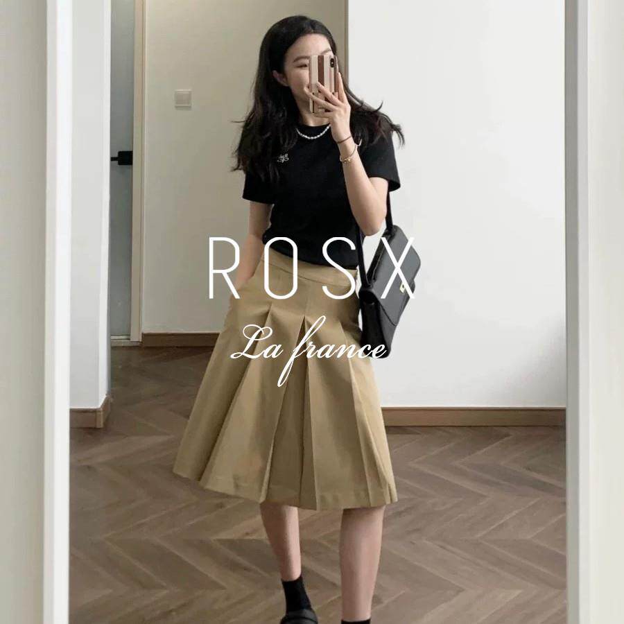 ROSX法式时髦复古卡其色压褶半身裙女夏季A字百褶裙通勤百搭裙子