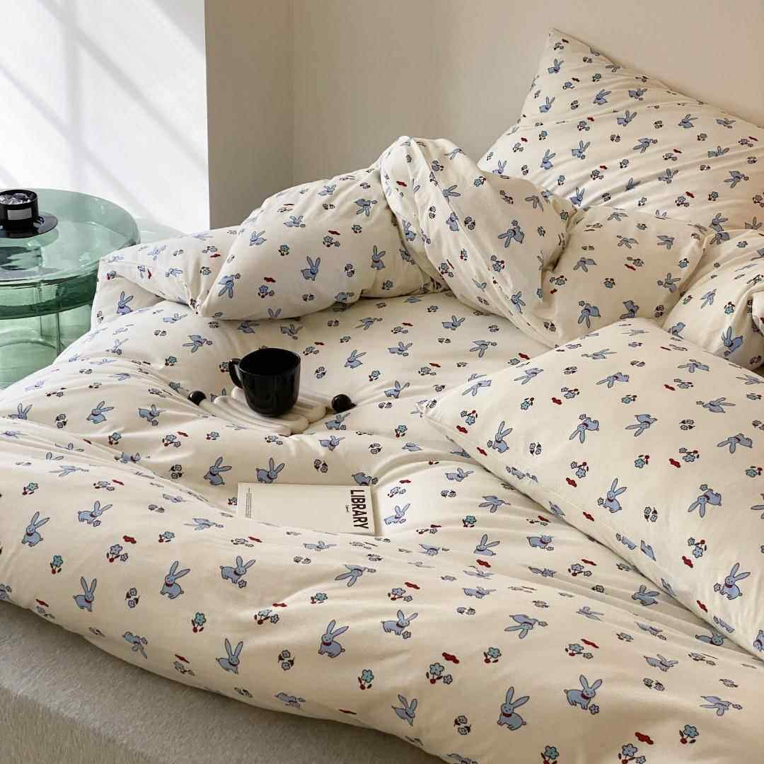 A类法式针织棉花边印花四件套纯棉柔软小碎花亲肤被套床单床品