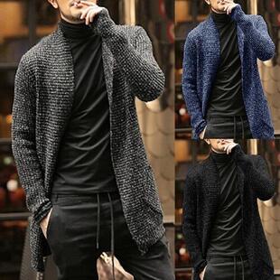 sleeved mixed color Men pocket long knitted cardigan