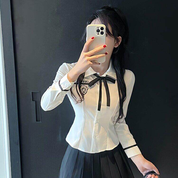 2025秋季新款韩版长袖衬衫女学院风制服衬衣收腰减龄校服上衣潮