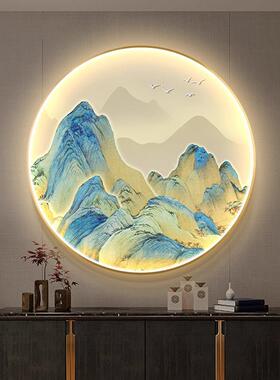 新中式千里江山图玄关装饰画灯饰画镶嵌凹槽壁画圆形带灯入户画