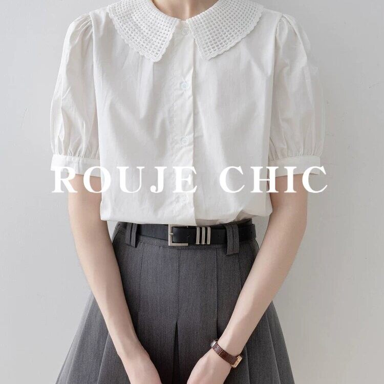法国rouje chic法式简约白色娃娃领短袖衬衫女夏季气质泡泡袖上衣