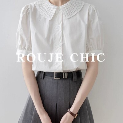 法国rouje chic法式简约白色娃娃领短袖衬衫女夏季气质泡泡袖上衣