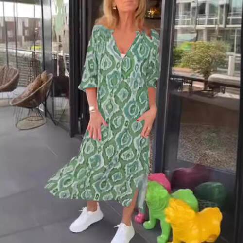 V-neck printed mid sleeve long dress for women