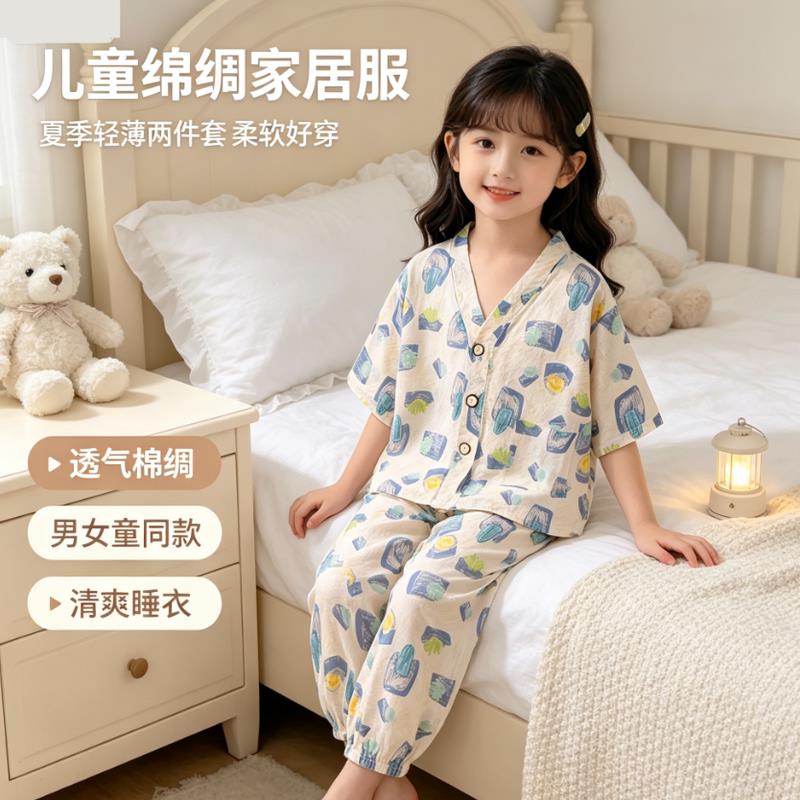 棉绸睡衣裤套组可外穿2026新款儿童男女小孩宝宝绵绸家居服套装夏