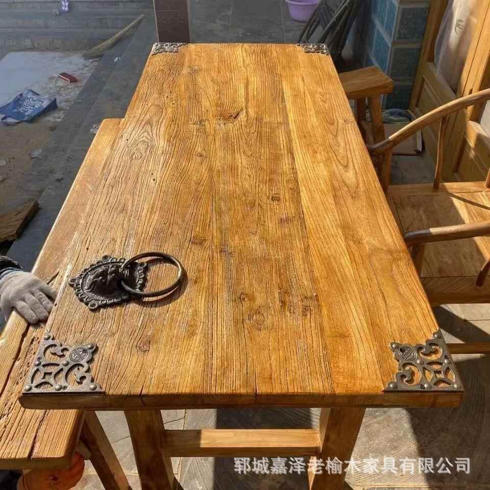 老榆木禅意茶桌复古旧门板实木餐桌吧台家用长桌长椅茶桌家用简约