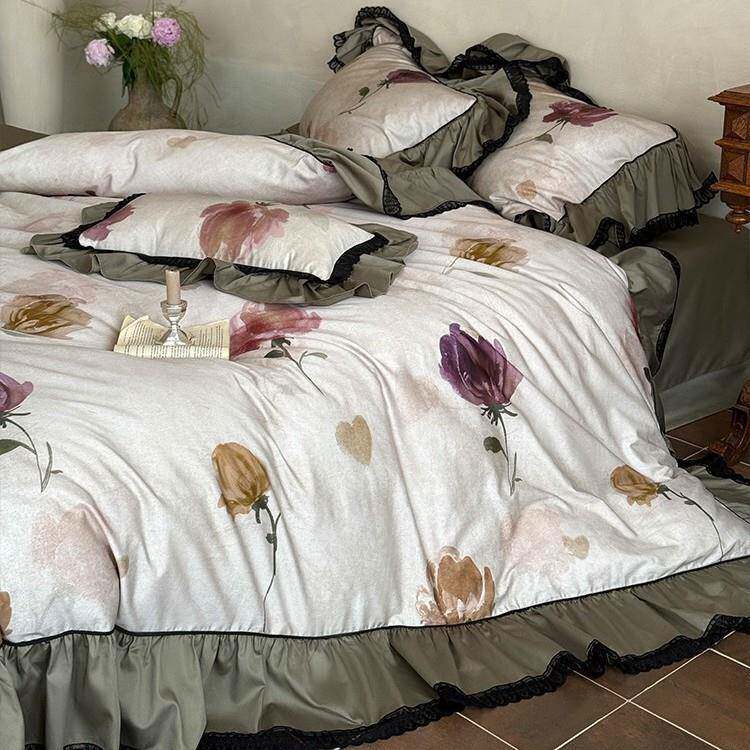 法式复古超柔全棉四件套花卉数码印花纯棉被套床单床上用品绿色