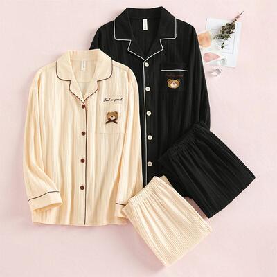 Long sleeved buttoned solid color pajamas长袖系扣纯色睡衣女