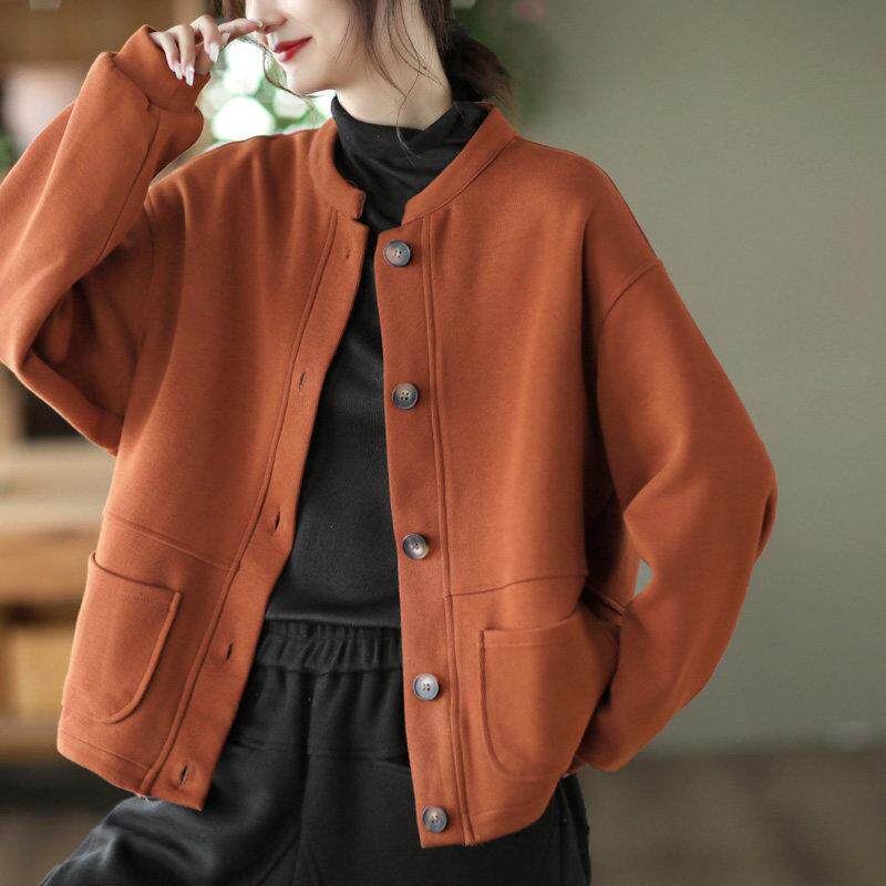 复古红色纯棉短款外套女春秋季2025年新款棒球服宽松大码休闲上衣