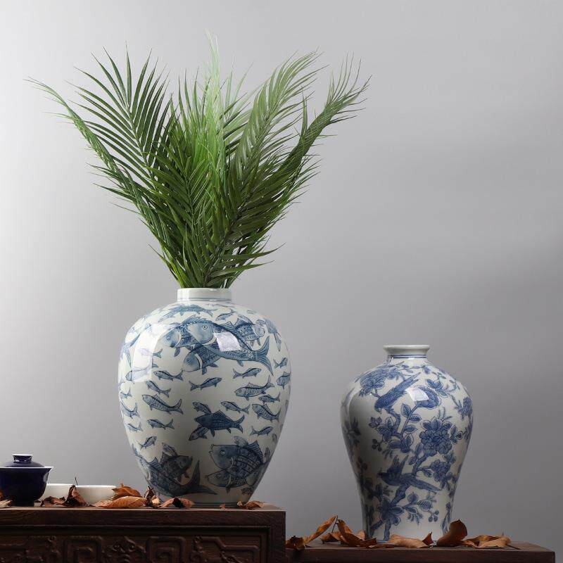 中式青花瓷创意插花装饰品客厅样板房布景陶瓷花瓶贴花工艺品摆件