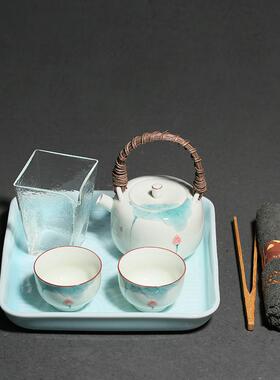 岩香坊手绘釉下荷花提梁壶一壶二杯小套装陶瓷家用储水茶盘套组