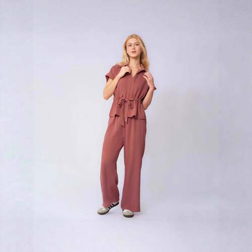 Women Versatile Collared Rolled Up Sleeve Leg Trousers Co