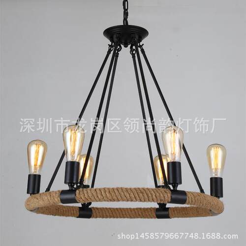 灯双厅724饰美式层铁艺网麻绳复古工业风吊灯餐客厅吧台咖灯具