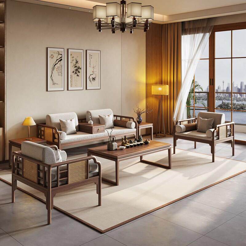 新中式宋式美学沙发北美黑胡桃木藤编侘寂办公室冬夏两用中古家俱