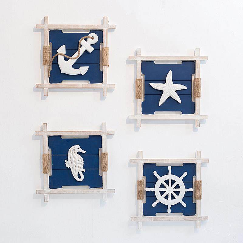 实木画框组合蓝白挂画地中海风格客厅沙发背景墙浮雕装饰画挂画