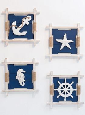 实木画框组合蓝白挂画地中海风格客厅沙发背景墙浮雕装饰画挂画