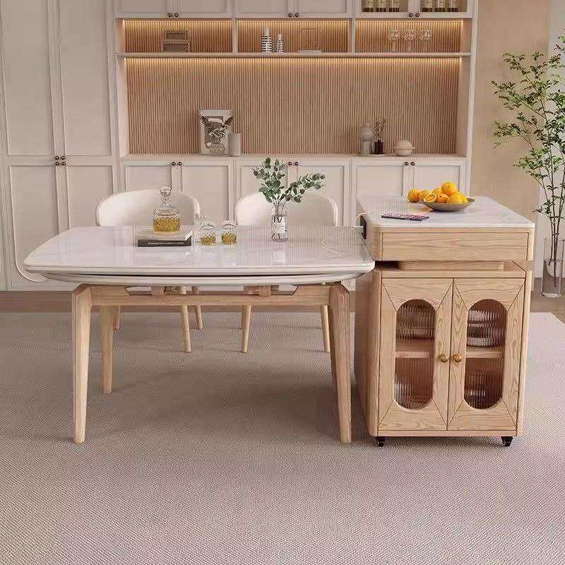 奶油风实木岩板餐桌岛台餐桌椅一体小户型简约组合家用多功能伸缩