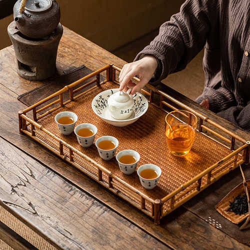 中式梅鹿竹茶具收纳盘复古竹茶盘干泡盘长方形茶托茶杯架大号茶台