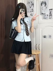 jk衬衫收腰套装短袖jk制服套装纯色泡泡袖衬衫女夏季百搭收腰短袖