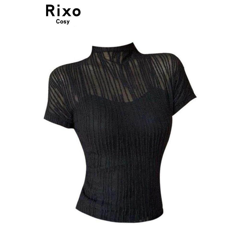 Rixo Cosy辣妹半高领性感微透黑色T恤女2026夏季小众气质短袖上衣