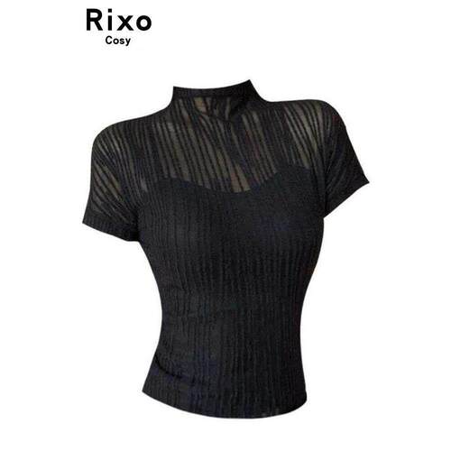 Rixo Cosy辣妹半高领性感微透黑色T恤女2026夏季小众气质短袖上衣
