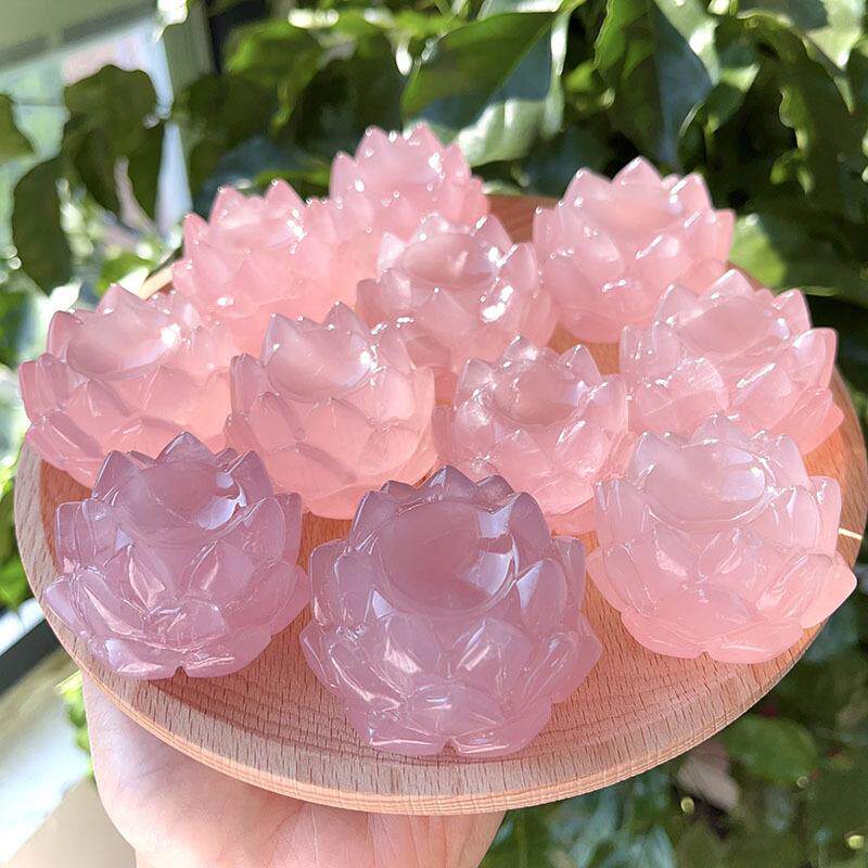天然粉水晶莲花颜色粉润做工好粉晶原石打磨水晶莲花摆件可当球座