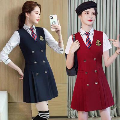职业幼师园服气质两件套马甲百褶裙连衣裙学院风老师工作服套装女