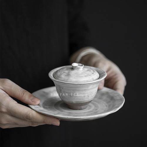 德玉堂纯手工陶瓷粉引岩矿家用茶碗茶杯复古日式功夫茶具单个盖碗