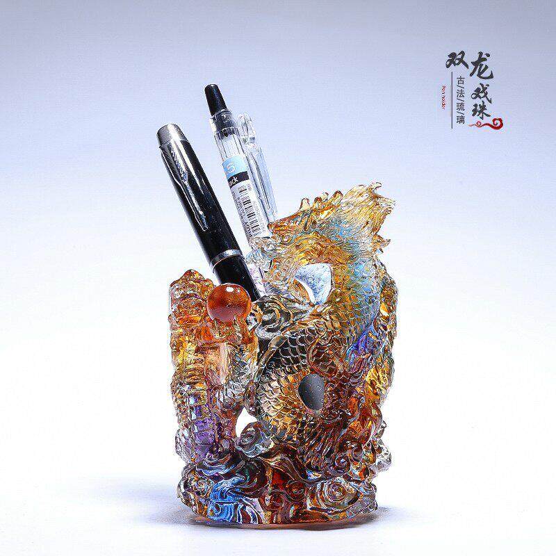 琉璃双龙戏珠笔筒摆件中式书房办公室桌面装饰实用工艺品创意礼物