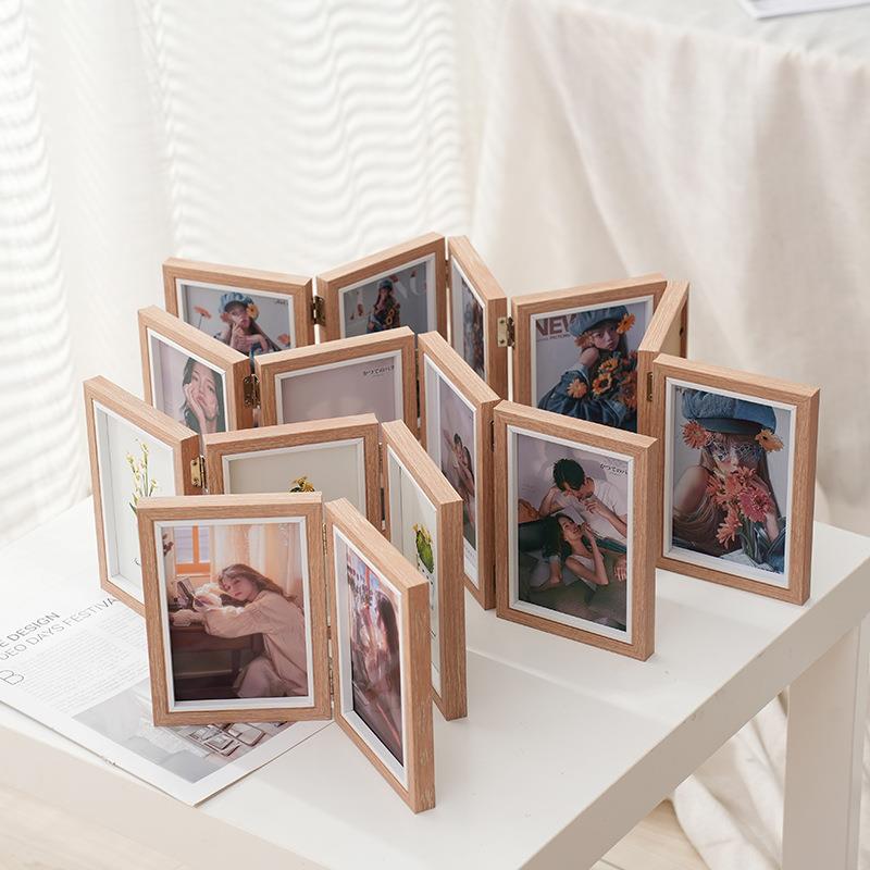 创意木质相框两联三联四连6/7寸8寸双面折叠相架文艺风相片框摆台