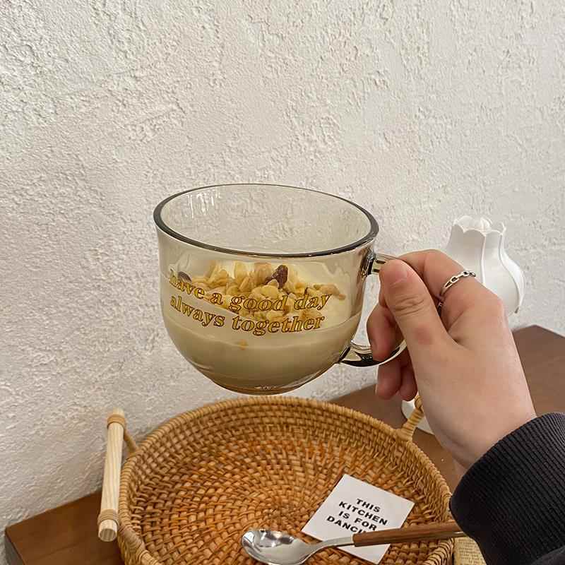 牛奶杯微波炉可加热专用杯子玻璃被带盖耐热燕麦早餐麦片碗勺便携