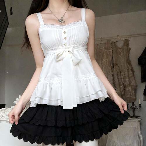 Lace Patchwork Button Vintage Fitted Halter Top Cute Girls