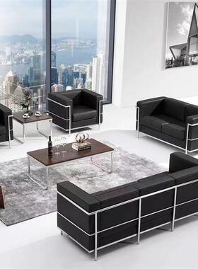 商务不锈钢办公沙发组合会客接待经典柯布西耶Lc2真西皮简约现代