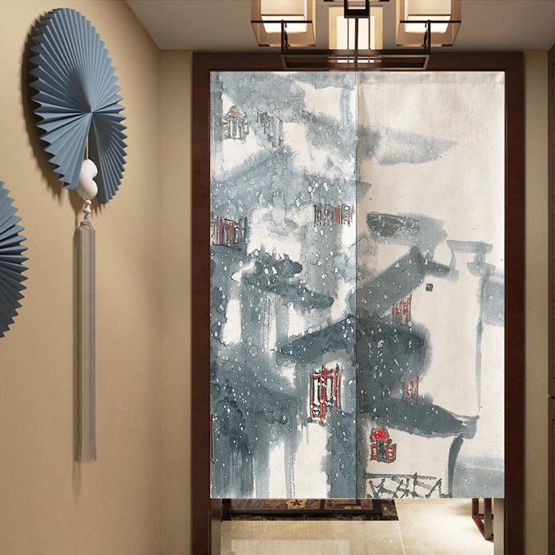 中式江南水乡门帘水墨画半挂遮挡帘布艺卫生间洗手间包间免打孔帘