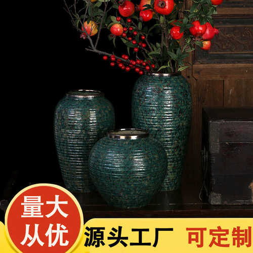 景德镇陶瓷三件套 复古绿美式简约现代花瓶插花干花水培花盆摆件