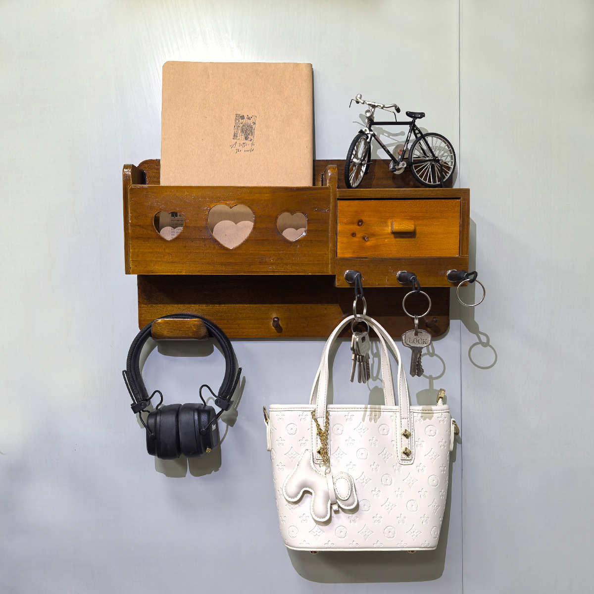 免打孔实木挂壁式玄关收纳置物架带挂钩入户门信箱储物架