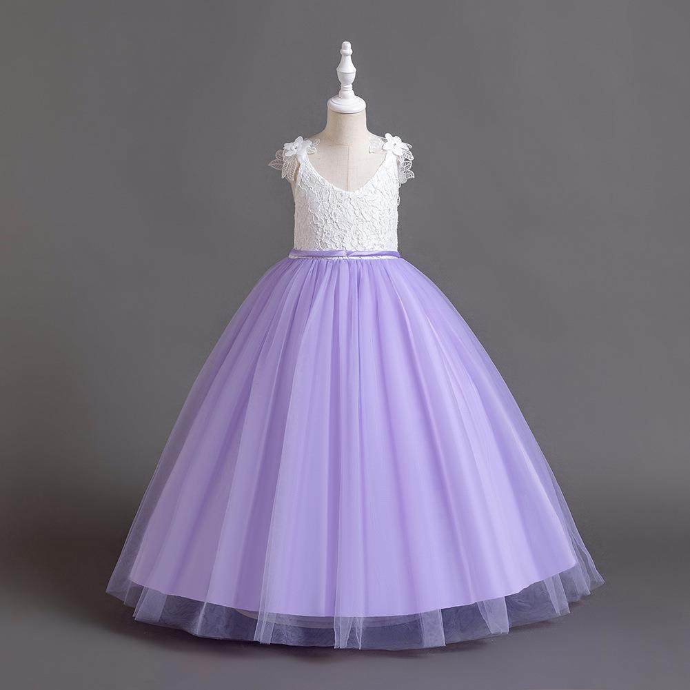 欧美长款公主礼服婚纱婚纱花童裙小吊带花朵网纱裙小主持人表演服