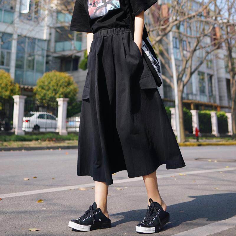 口袋日式工装裙女覆古日系百搭学生高腰a字裙子黑色山本风半身裙