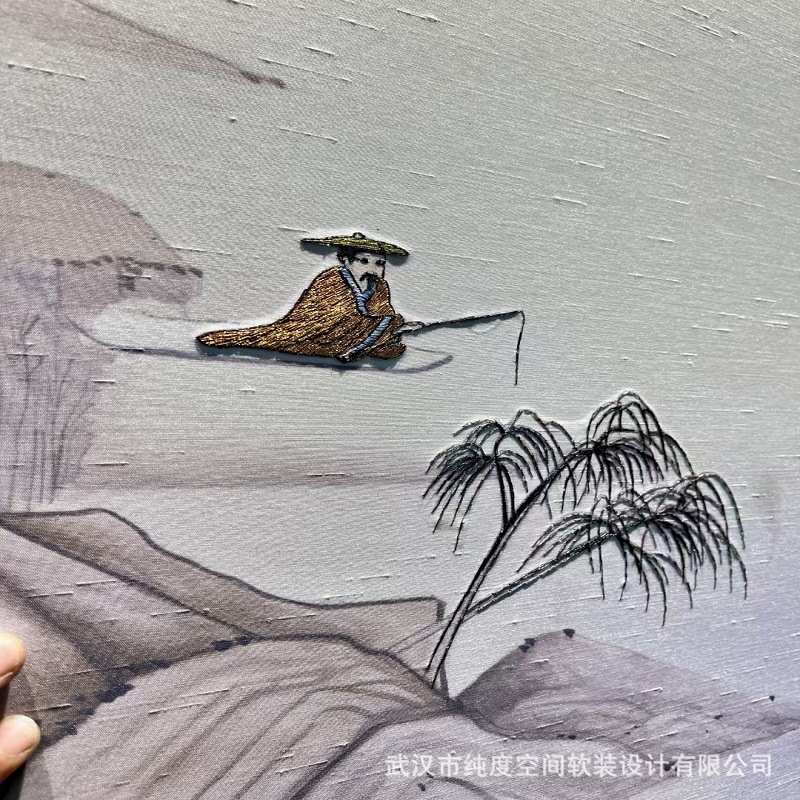 时雨家新中式丝印刺绣硬包包边背景墙手绘沙发独绣壁画软装装饰图片