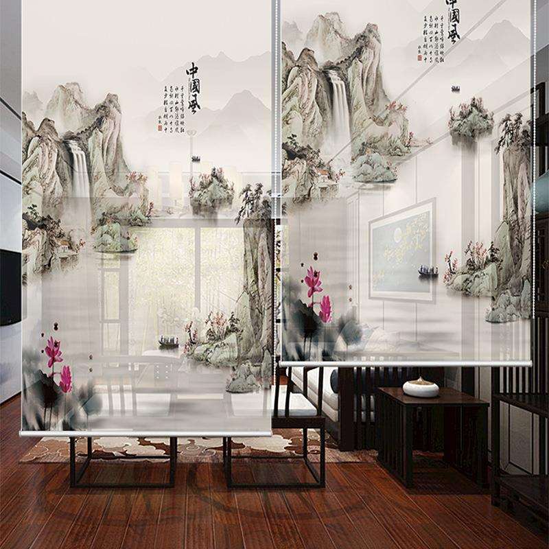 隔断背景装饰玄关挂画升降茶楼禅意空间窗帘门帘印花卷帘中式复古