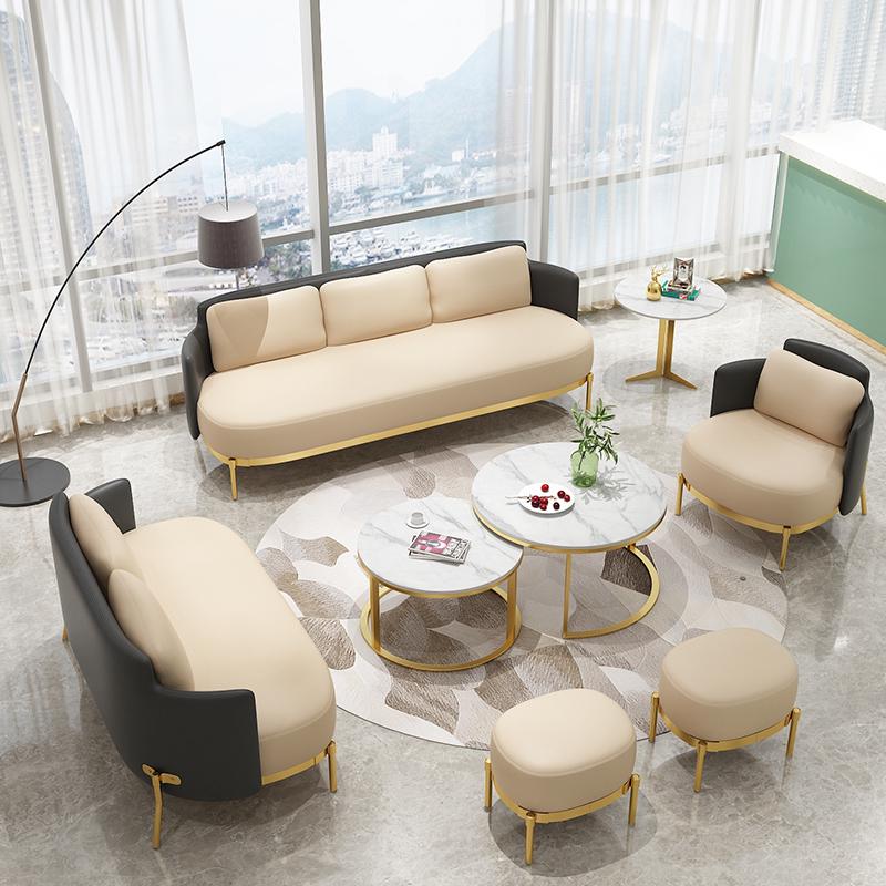 北欧轻奢客厅皮艺多人位沙发茶几组合 酒店大厅沙发椅 休息区沙发