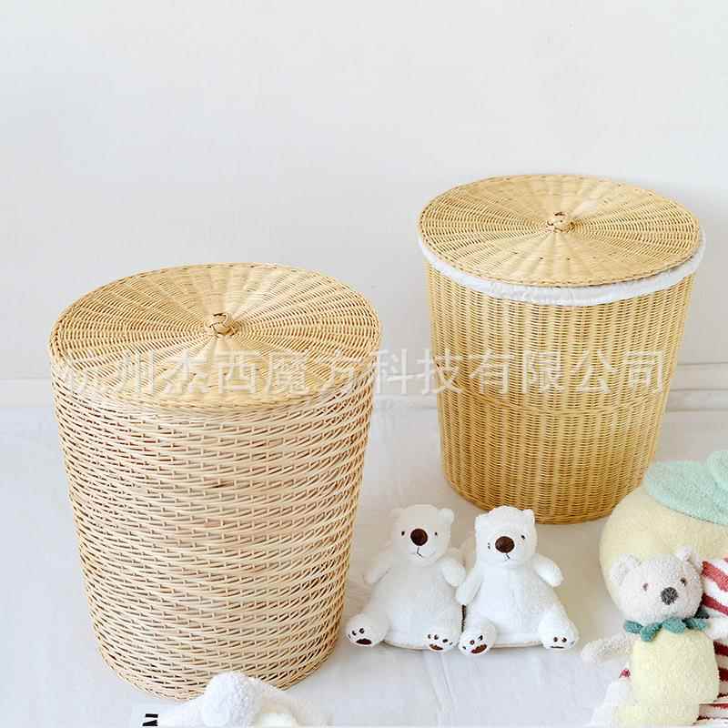天然白藤手工编织带盖收纳桶家居杂物收纳酒店民宿脏衣篮收纳篓
