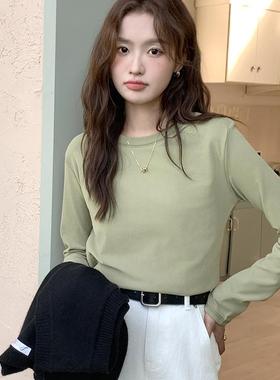 绿色显白磨毛T恤内搭女冬季圆领德绒长袖修身亲肤百搭打底上1221w