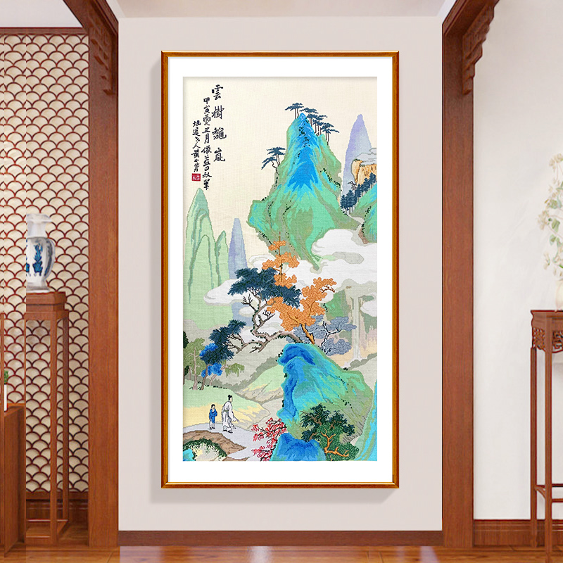 春天十字绣2024新款线绣客厅竖版玄关云树秋岚风景名画手工自己绣