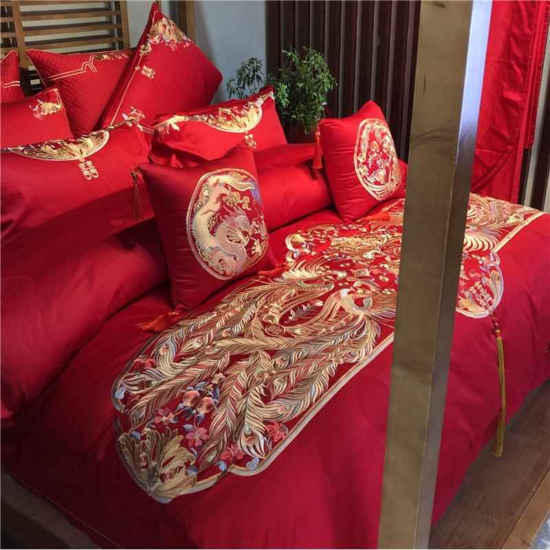 24秋 高档婚庆全棉100s贡缎刺绣四件套中式大红色结婚幸福多件套